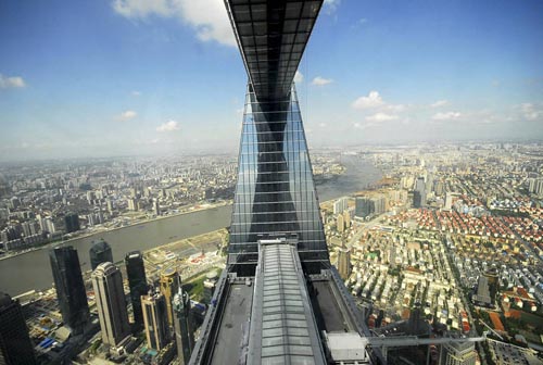 A view shows downtown Shanghai and the Huangpu River from the Shanghai World Financial Center
